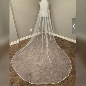 Ivory, cathedral, soft net veil with large pearl and crystal edge.